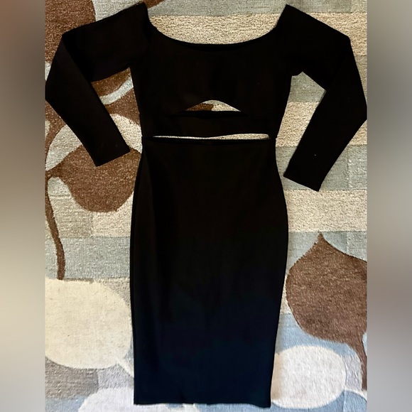 Donna Mizani Long Sleeve Marilyn Off Shoulder Cutout Bodycon Midi Dress in Black - Picture 3 of 10